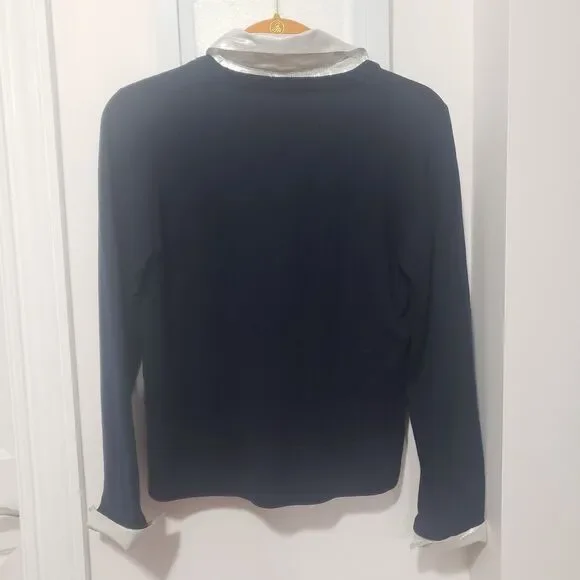 TORY BURCH Navy Dickie V-Neck Wool Pullover White Removable Collar/Cuffs M UUU - Picture 4 of 4